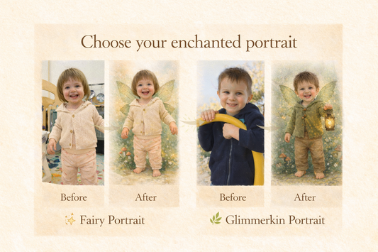 Before and after comparison of children in fairy and glimmerkin costumes on a beige background.