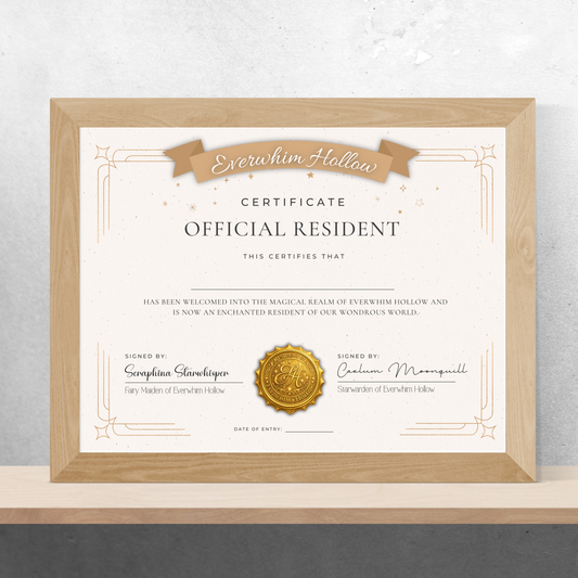Mockup of the Everwhim Hollow resident certificate printable download