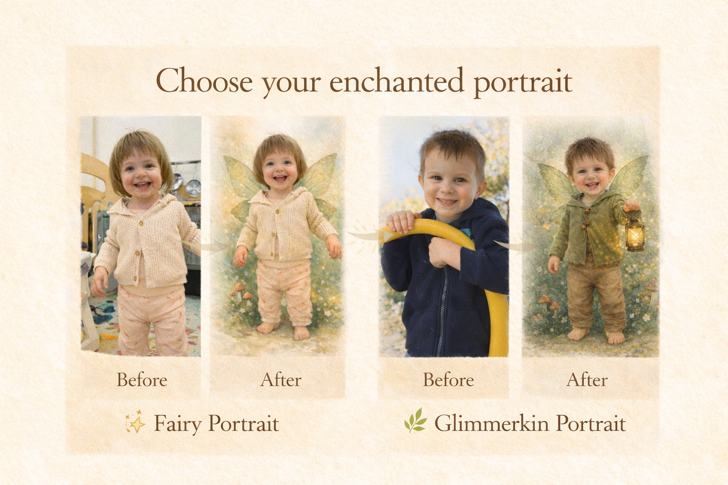 Before and after comparison of children in fairy and glimmerkin costumes on a beige background.