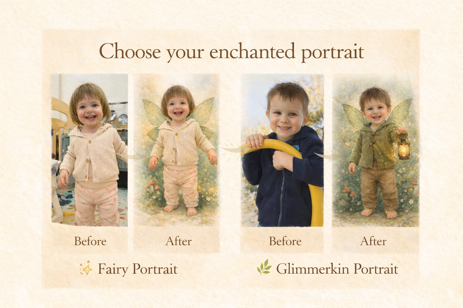 Before and after comparison of children in fairy and glimmerkin costumes on a beige background.