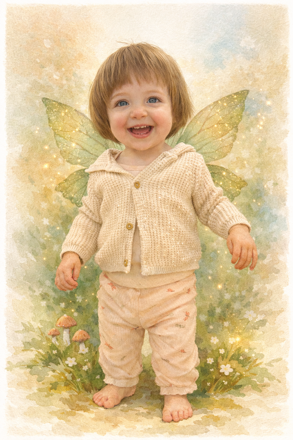 Child in fairy costume with wings standing in a fantasy garden setting